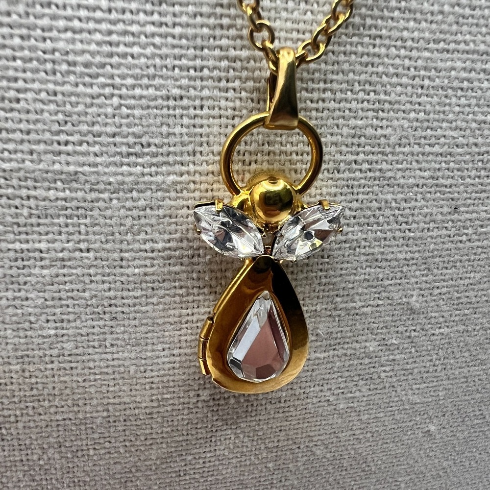 Vintage Angel Locket Necklace Gold Rhinestone Wings Photo‎ Locket Pendant